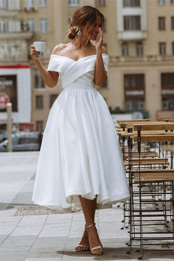 Affordable A-line Satin Off-Shoulder Tea-Length Wedding Dress - JLDressCA Affordable A-line Satin Off-Shoulder Tea-Length Wedding Dress - JLDressCA