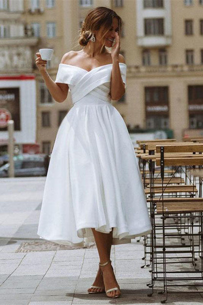 A-line Satin Off-Shoulder Tea-Length Wedding Dress, WD23022314