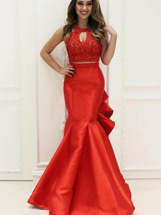 fitted lace wedding dress Mermaid Ruffles Two Piece Prom Dresses with Lace Top and Satin Skirt