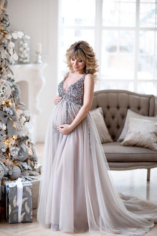 Silver A-Line Maternity Prom Dress with V-Neckline and Beading, PD23030318