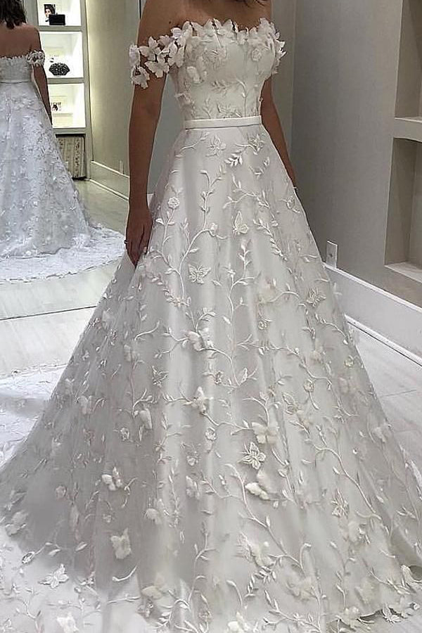 Off-the-Shoulder A-line Lace Wedding Dress, WD23030413