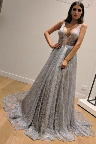 Silver Lace Backless V-Neck A-Line Prom Dress, PD23033117