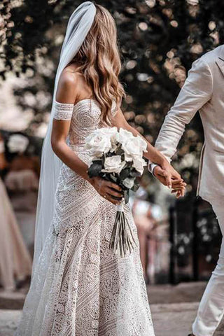 Ivory Lace Rustic Boho Beach Wedding Dress with Sweetheart Neckline, WD230226102