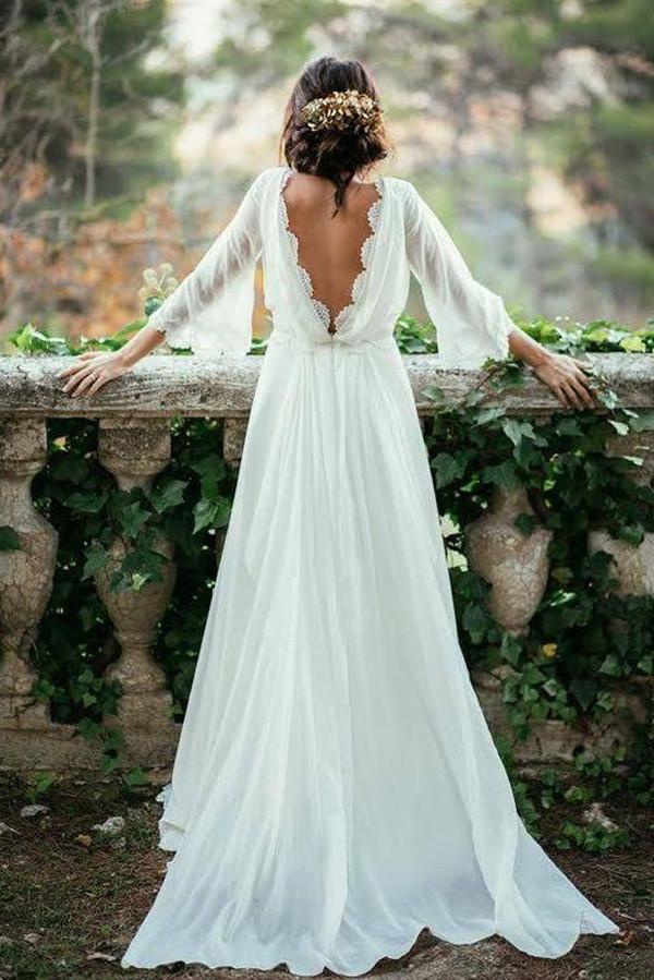 White Chiffon Beach Wedding Dress with Long Hemline, WD2303168