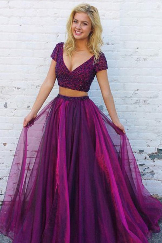 Purple Beaded A-Line Two-Piece Party Dress, PD2303029