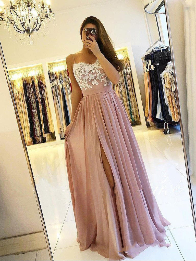 Dusty-Rose Lace Sweetheart Sleeveless Applique Split-Front Chiffon Botton Prom Dress, PD23031328
