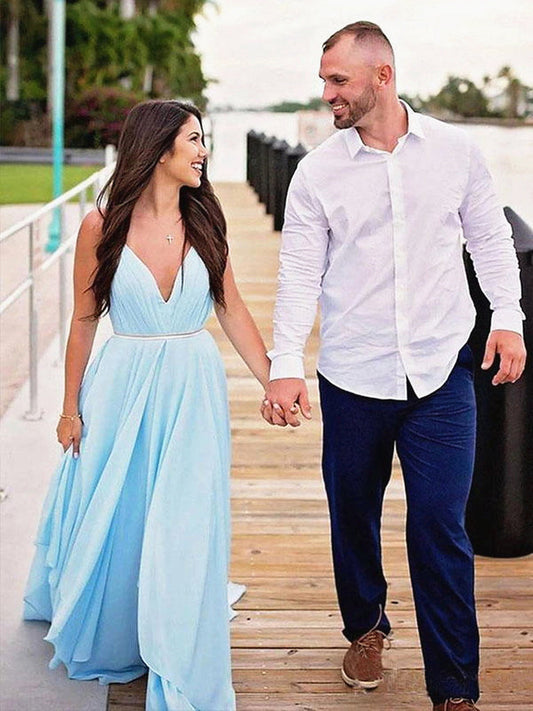 V-Neck Light Blue Backless Prom Dresses, Light Blue Long Formal Bridesmaid Evening Dresses, BD23031215