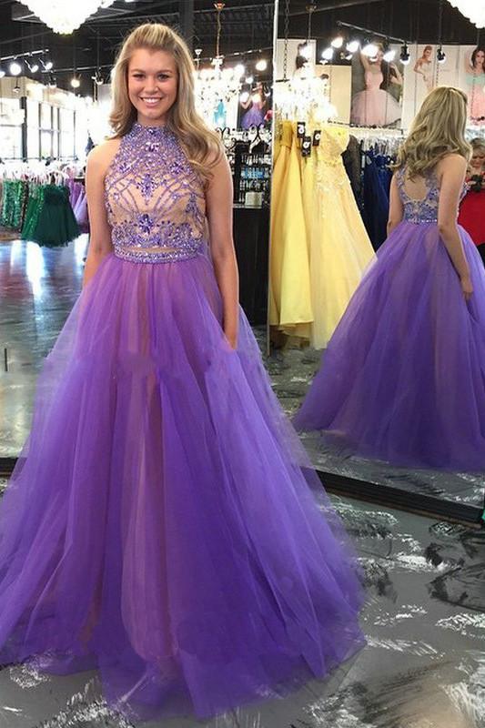 Lavender Two-Piece High Neck Backless Long Prom Dress with Beading, PD2303040