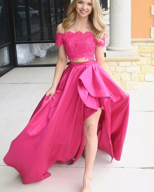 Off-the-Shoulder Two-Piece High-Low Satin A-Line Prom Dress with Beads, PD23030147