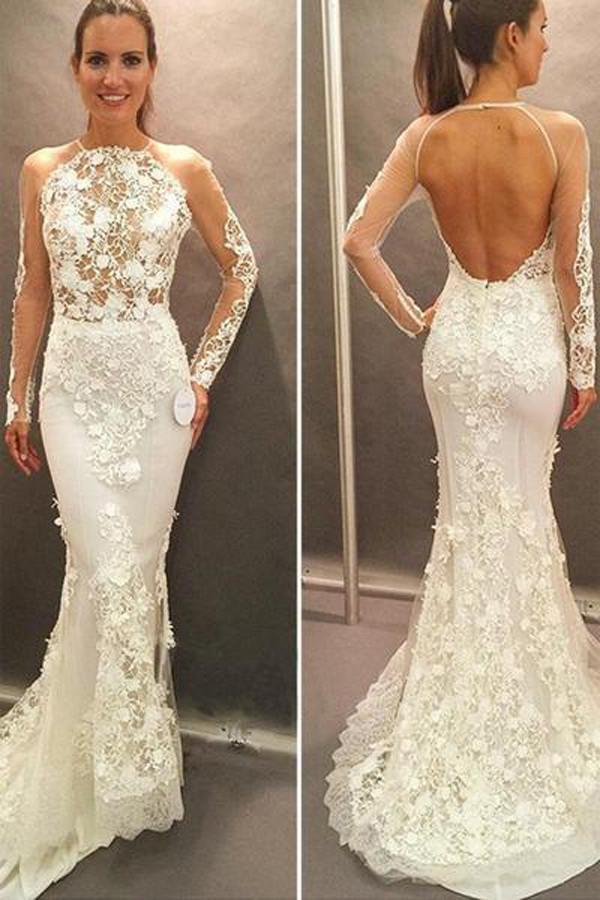 Lace Mermaid Long Sleeve Open Back Bridal Wedding Dress, WD2303159