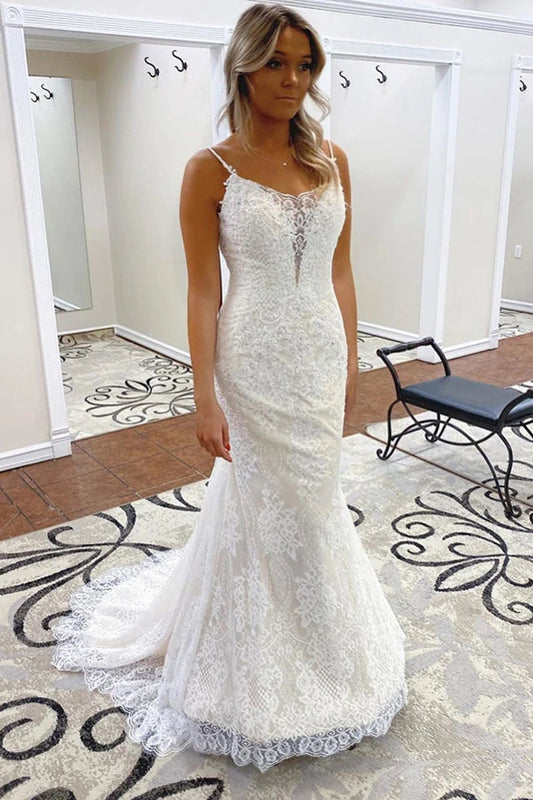 Trumpet Mermaid Wedding Dress with Spaghetti Straps, Lace, and Open Back, WD23022816