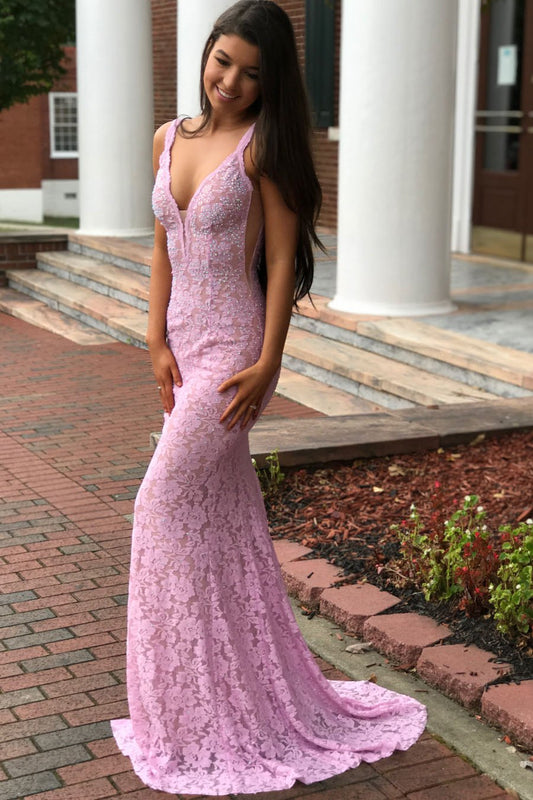 Pink Lace Backless Sheath Prom Dress with Sweetheart Neckline, PD2303107
