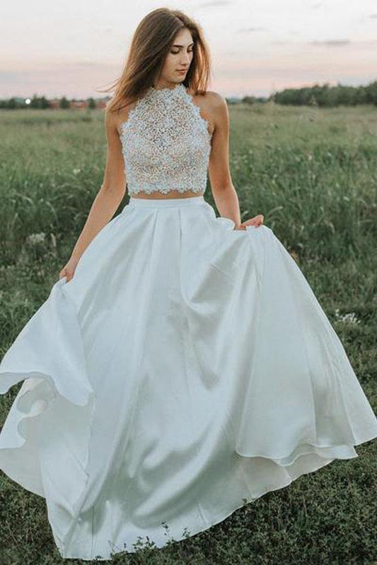 A-line Two-Piece Wedding Dress with Lace Top and Pockets, WD23022316