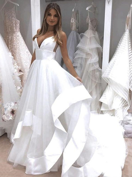 White V-Neck and Backless Wedding Dress, WD23022613