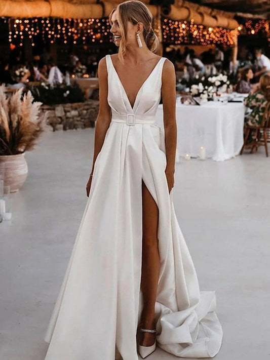 Ivory Satin A-Line Prom Dress with Leg Slit, WD23022424