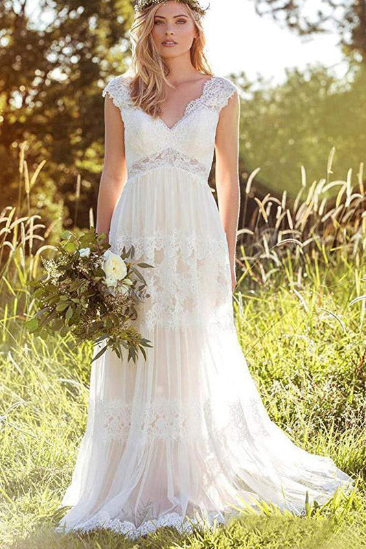 Bohemian Lace Bridal Gown with Open Back and A-Line Silhouette, WD23022697