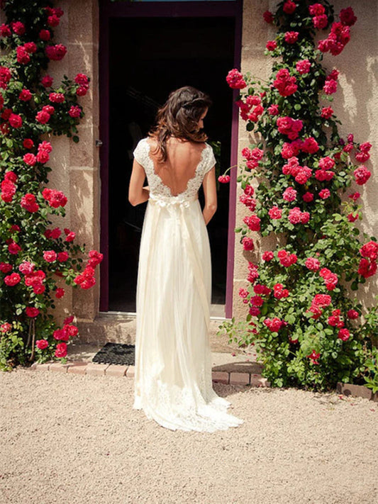 Beautiful A-Line Ivory Lace Dress with V-Neck, Cap Sleeves, and Backless Design, Ideal for Weddings and Proms, WD23022427