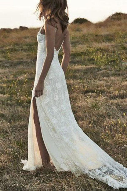 Ivory Boho Lace Off The Shoulder Beach Wedding Dress with Front Split - JLDressCA Ivory Boho Lace Off The Shoulder Beach Wedding Dress with Front Split - JLDressCA