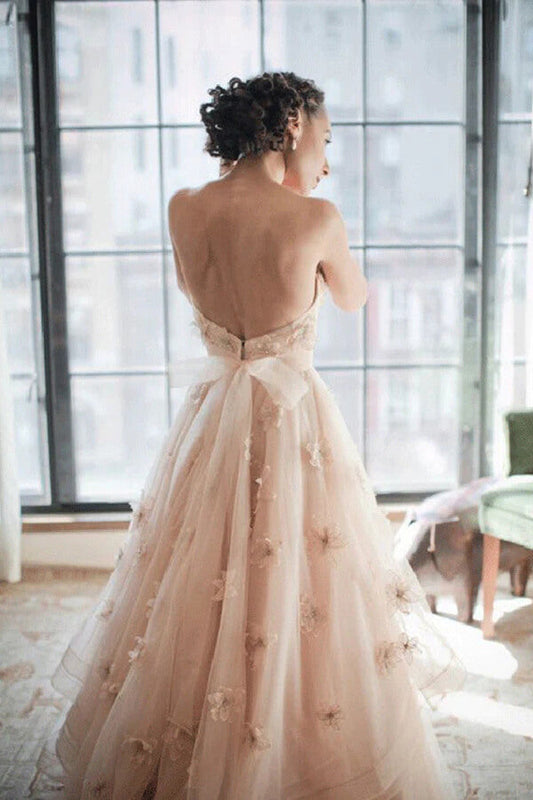Blush Pink A-Line Sweetheart Wedding Dress with Floral Backless, WD23022351