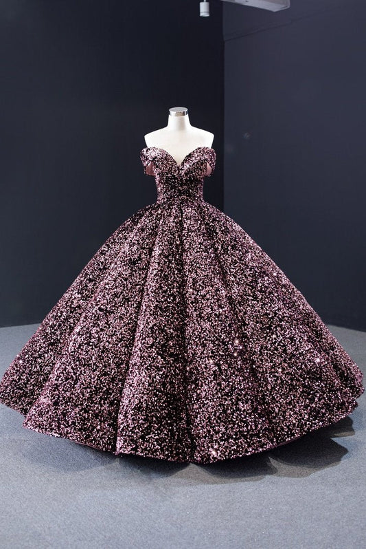 Modest Sequin Ball Gown - Off Shoulder Floor Length Prom Dress, PD23022225