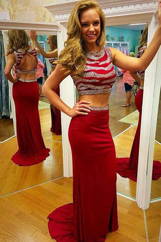 Red Open Back Mermaid Two-Piece Prom Dress, PD23030212