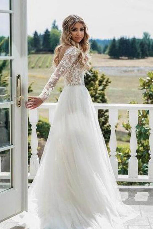 See Through Beaded Long Sleeve Boho Wedding Dress with Floral Lace, WD2302278