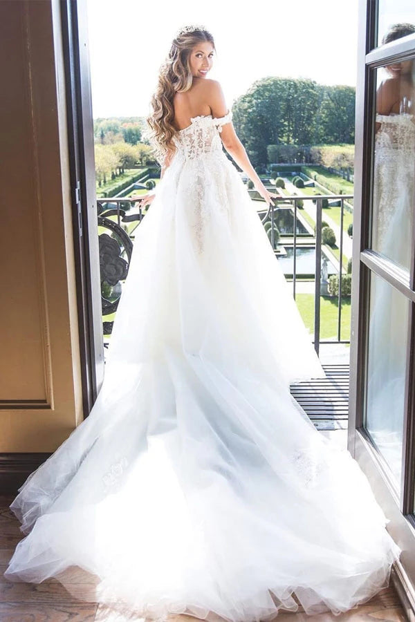 Modest Ivory Tulle Princess Wedding Dress with Off-the-Shoulder Lace Appliques, WD2303254