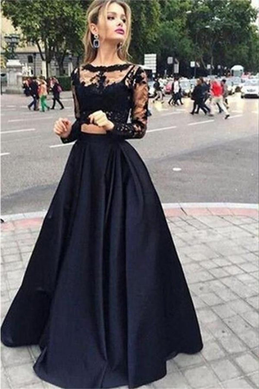 Two-Piece Black Ball Gown with Long Sleeves, Perfect for Prom or Party, PD2303047