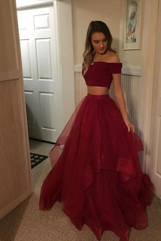 Red Off Shoulder Two-Piece Prom Gown, PD23030211
