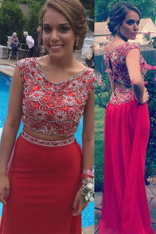 Red Beaded Mermaid Two-Piece Prom Dress, PD23030210