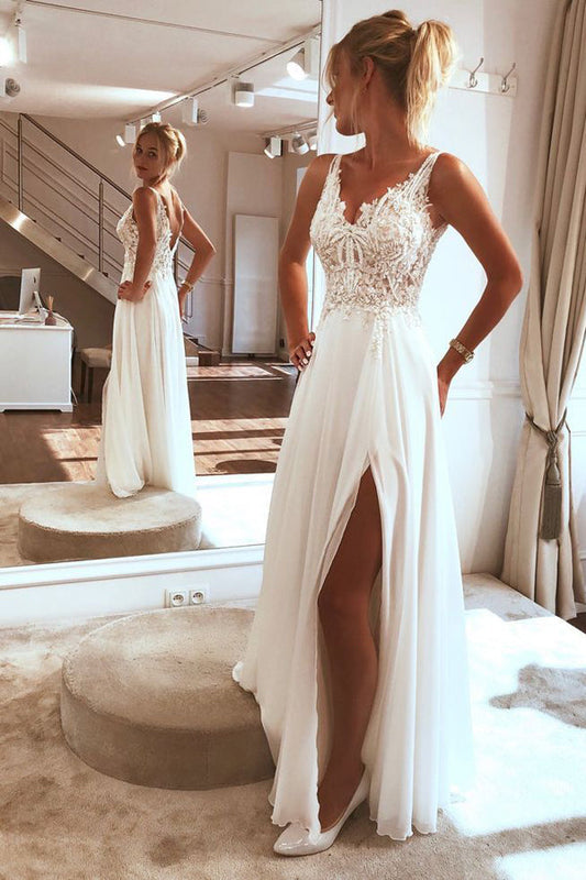 Spaghetti Strap Applique Lace Wedding Dress with Chiffon Beach Skirt and Split, WD23022387