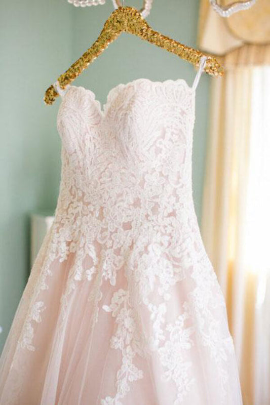 Blush Pink Tulle Lace A-Line Wedding Dress with Sweetheart Neckline, WD23022352