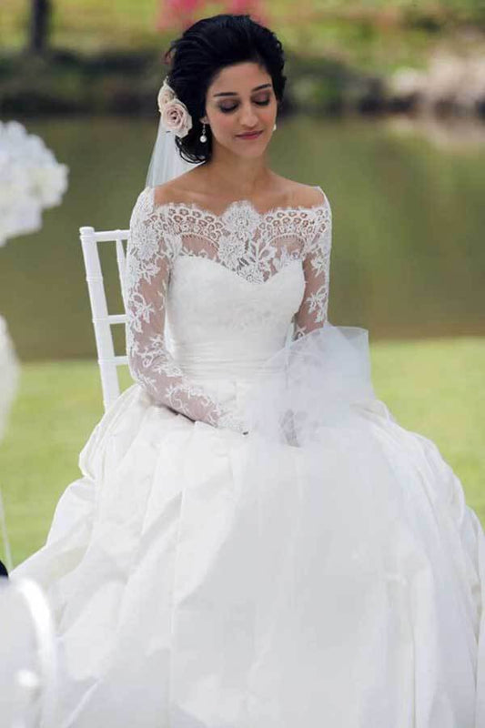 Off Shoulder Satin Lace A-line Long Sleeves Wedding Dress, WD2302238