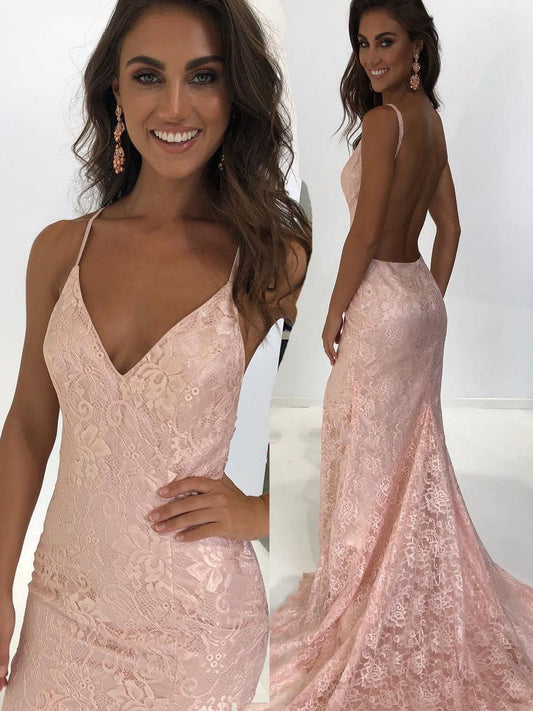 Pearl Pink Sheath Prom Dress with Halter Neckline, Lace, and Backless Design, PD23030815