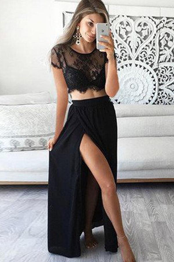 Black Two Piece Lace Long Prom Dress, PD2302221