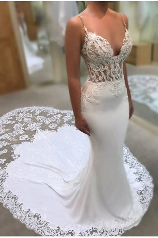 Mermaid Lace Wedding Dress with Spaghetti Straps, WD2302275