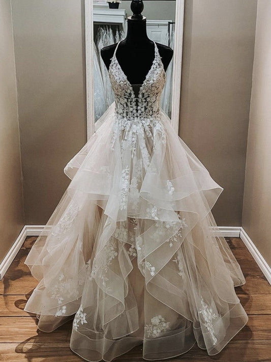 Light Champagne V-Neck Backless Lace Wedding Dress, WD23022641