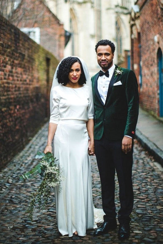 Simple Ivory Satin Sheath Wedding Dress with Long Sleeves, WD2303267