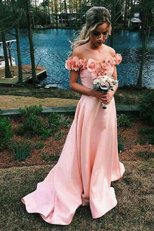 Blush Pink Off-the-Shoulder Prom Dress with 3D Flowers, PD23030121