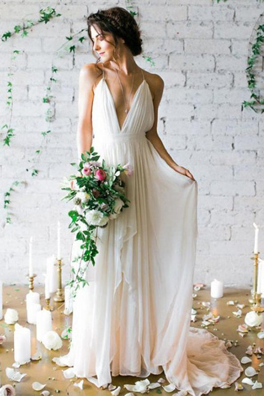 Backless Chiffon Beach Wedding Gown with Long Length, WD2302240