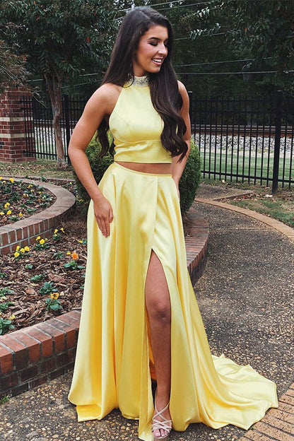 Bright Yellow Two Piece Halter Neck Prom Dress with Beadings and High Slit, PD2302225