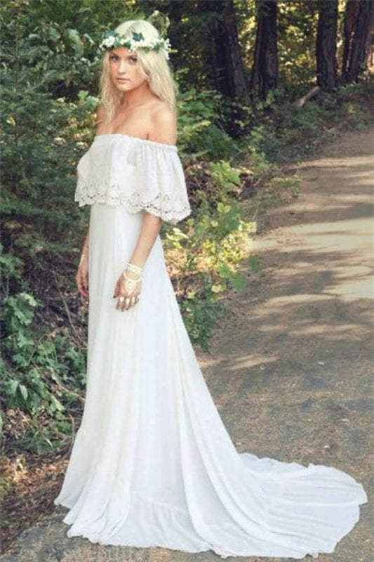 A-line Bohemian Lace Chiffon Off-the-Shoulder Ivory Beach Wedding Dress, WD23022311