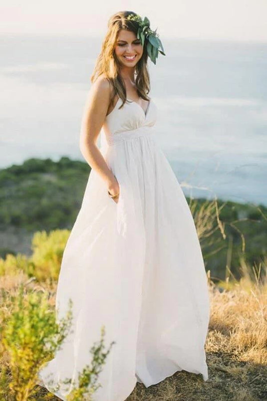Simple Chiffon A-line Wedding Dress with Spaghetti Straps and Train, WD2302248