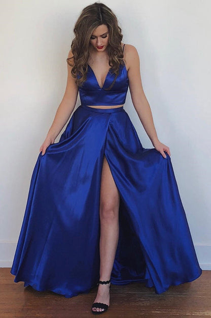Blue Long Party Gowns Two Piece Prom Dress with Pockets, PD2302224