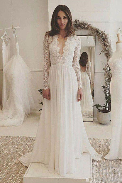 Chiffon Long Sleeve V-neck Formal Wedding Dress , WD23022372