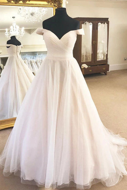 Off-the-Shoulder Ivory A-Line Wedding Dress with Pleats,, WD2304183