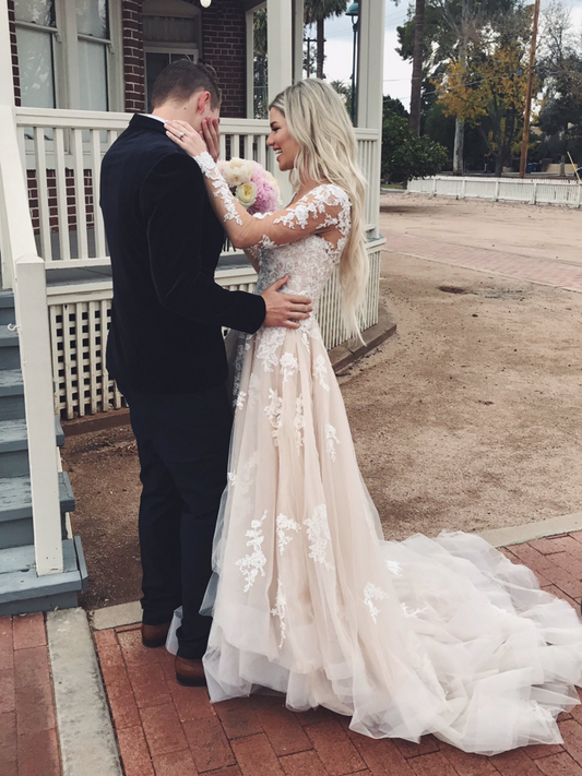 Champagne V-Neck Wedding Dresses with Long Sleeves, WD23022632