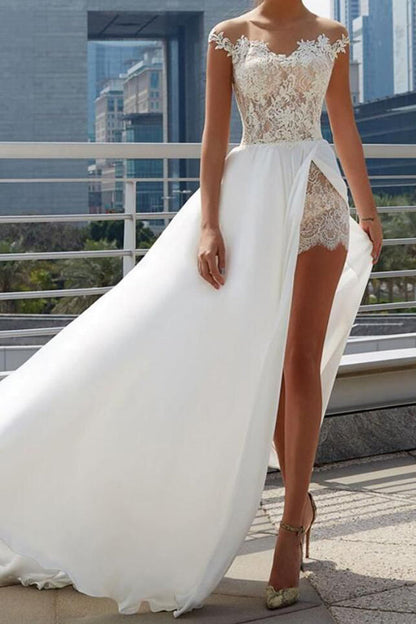 A-line Bridal Dress with See-Through Off-Shoulder Neckline and Side Slit , WD23022390