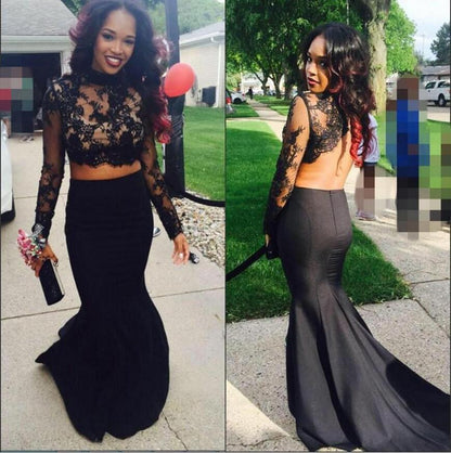 Black Two Piece Mermaid Lace Prom Dress, PD2302222