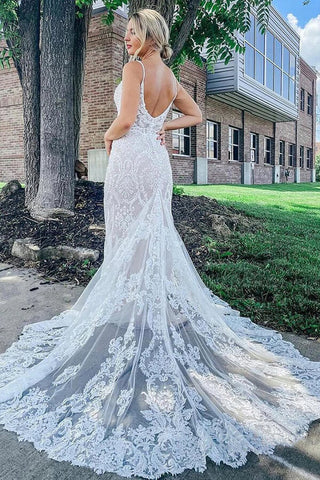 Lace Mermaid Deep V-neck Wedding Gown, WD2303158